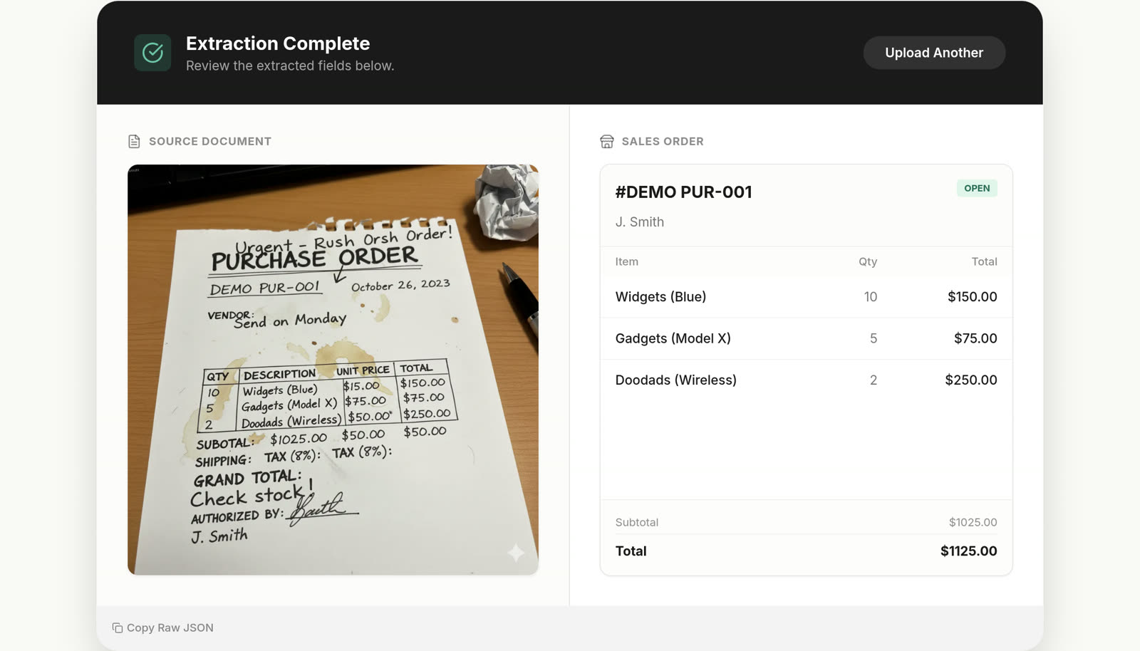 PO2Order demo: a photographed handwritten purchase order next to the sales order fields PO2Order extracted from it.